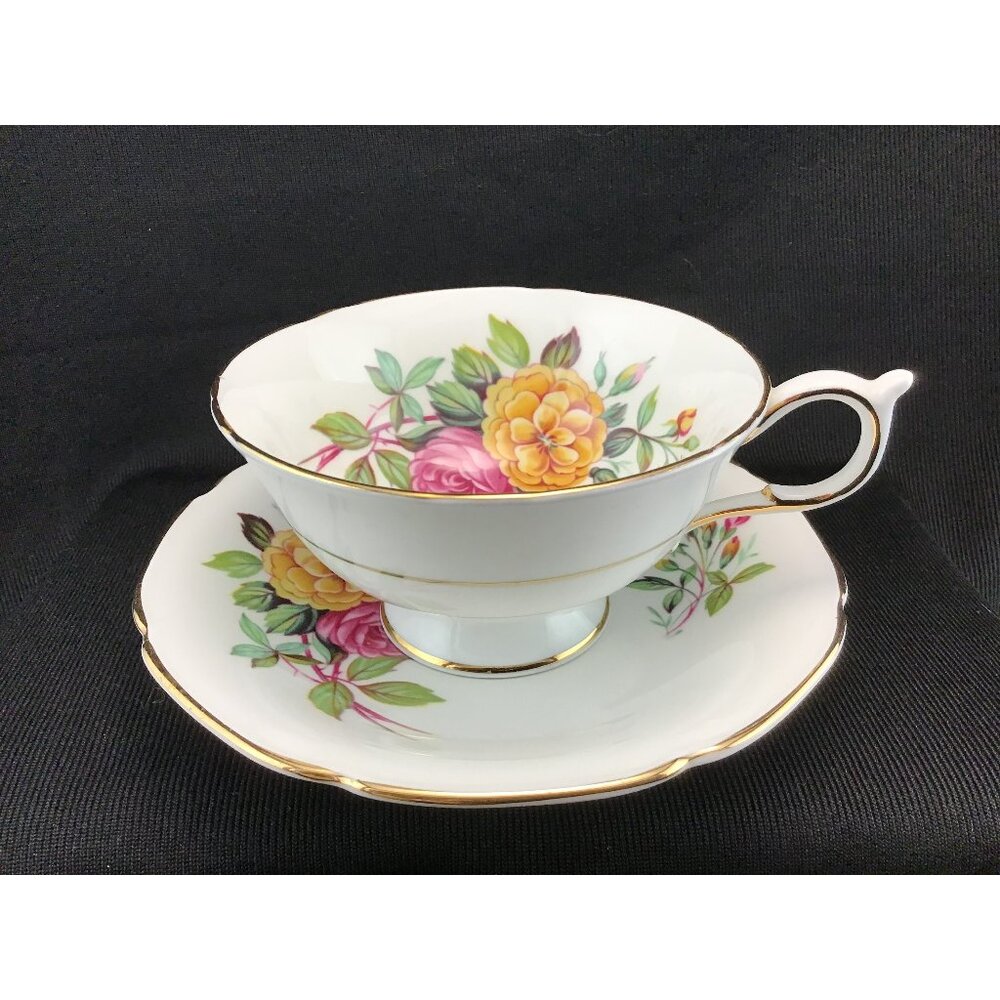 Paragon Cup and Saucer Heritage Roses Footed Bone Fine China Teacup and Saucer